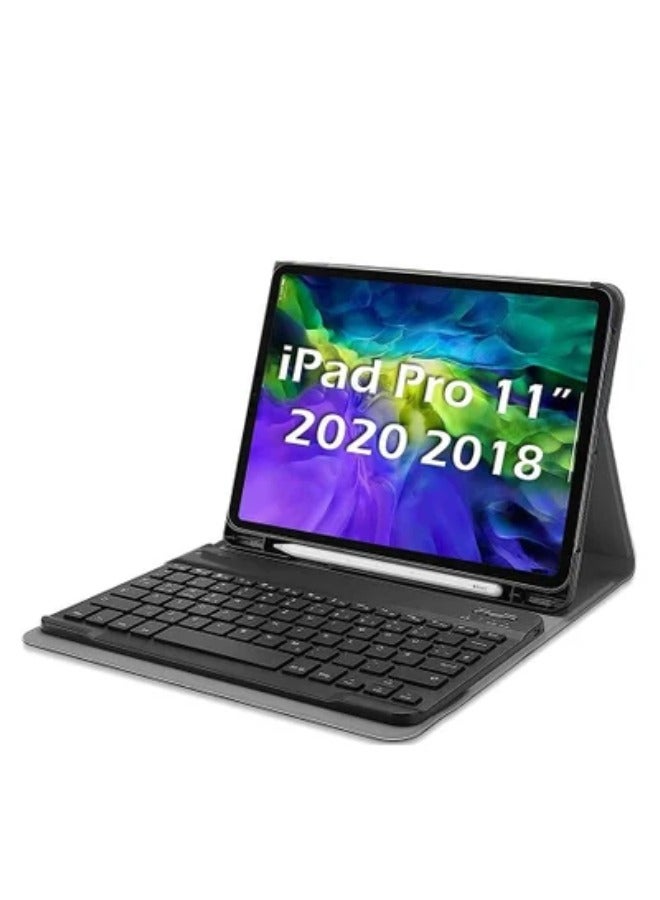 DUSALA Apple Ipad pro 11” (2018 2020) English Arabic Smart Wireless Bluetooth Keyboard Case Cover With Pen Slot Black - Image 1