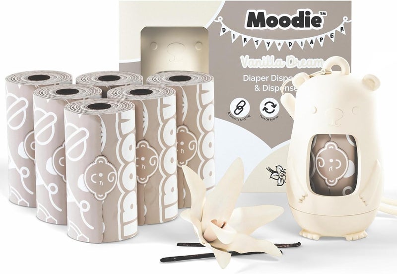 moodie NEW Moodie Disposable Diaper Bags Dispenser COMBO PACK  105 VANILLA SCENTED Baby Poop Bags TOTAL  Dirty Diaper Trash Bags  Diaper Bags Disposable VANILLA DREAM - Image 1