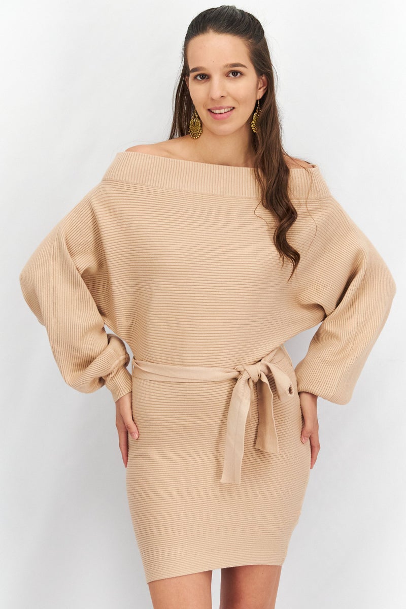 FOREVER 21 فستان مينى مزخرف بحزام للنساء، بيج - Image 1