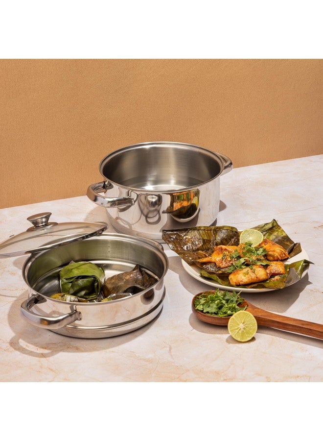 VINOD Vinod Stainless Steel Steamer 2 Tier with Glass Lid 18 cm | 2.5 mm Thick Base | Multi Purpose Momos, Modak Maker Steamer | Induction and Gas Base | 2 Year Warranty - Silver  - Image 2