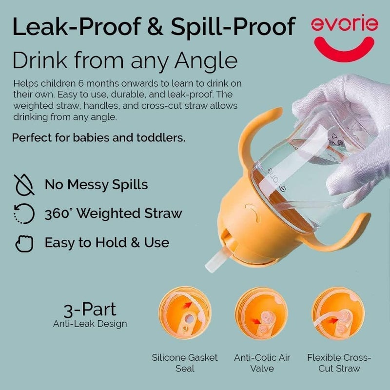 Evorie Tritan Weighted Straw Sippy Cup with Handles for Baby and Toddlers 6 months up, 7 Oz Soft Silicone Straw Infant First Training Water Bottle (Apricot) - Image 3