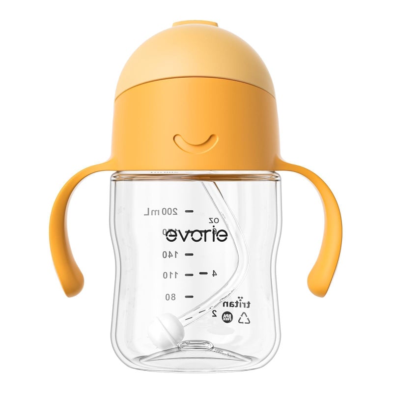Evorie Tritan Weighted Straw Sippy Cup with Handles for Baby and Toddlers 6 months up, 7 Oz Soft Silicone Straw Infant First Training Water Bottle (Apricot) - Image 1