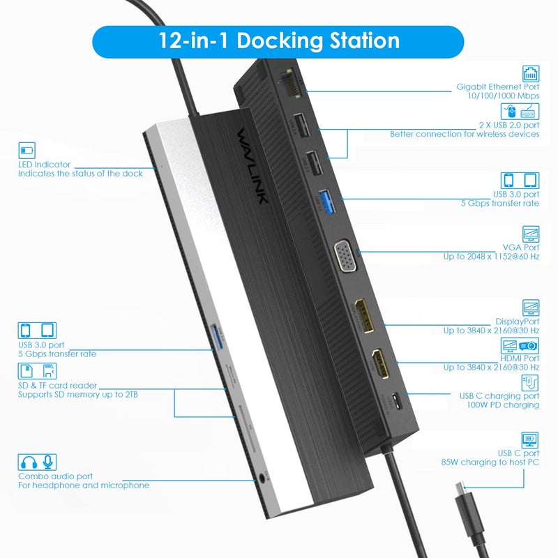 WAVLINK USB C Docking Station Triple Display (DP+HDMI+VGA), 85W PC Charging, SD TF Card Reader, Gigabit Ethernet, 4 USB Ports for Dell XPS 13/15,Lenovo Yoga, MacBook Pro, etc - Image 2