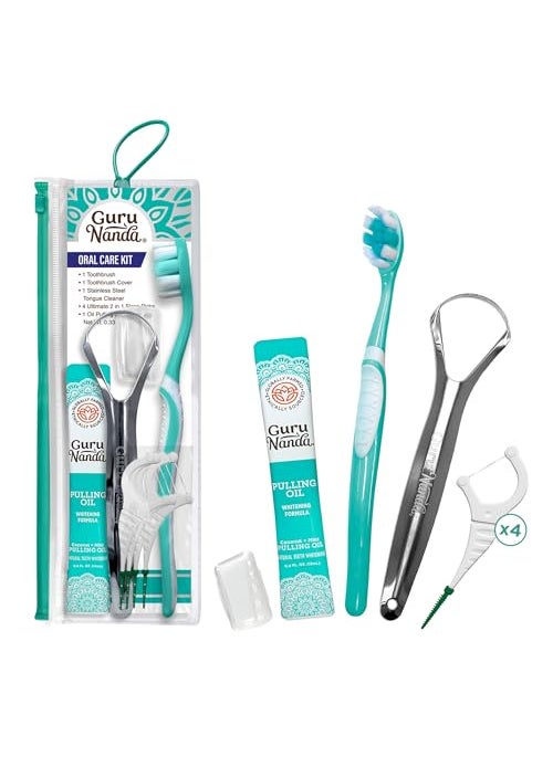 GuruNanda - GuruNanda TravelFriendly Oral Care Kit 1 Butter on Gums Toothbrush 1 Tongue Scraper 4 DualAction Floss Picks 1 Coconut  Mint Oil Pulling Sachet - Image 1
