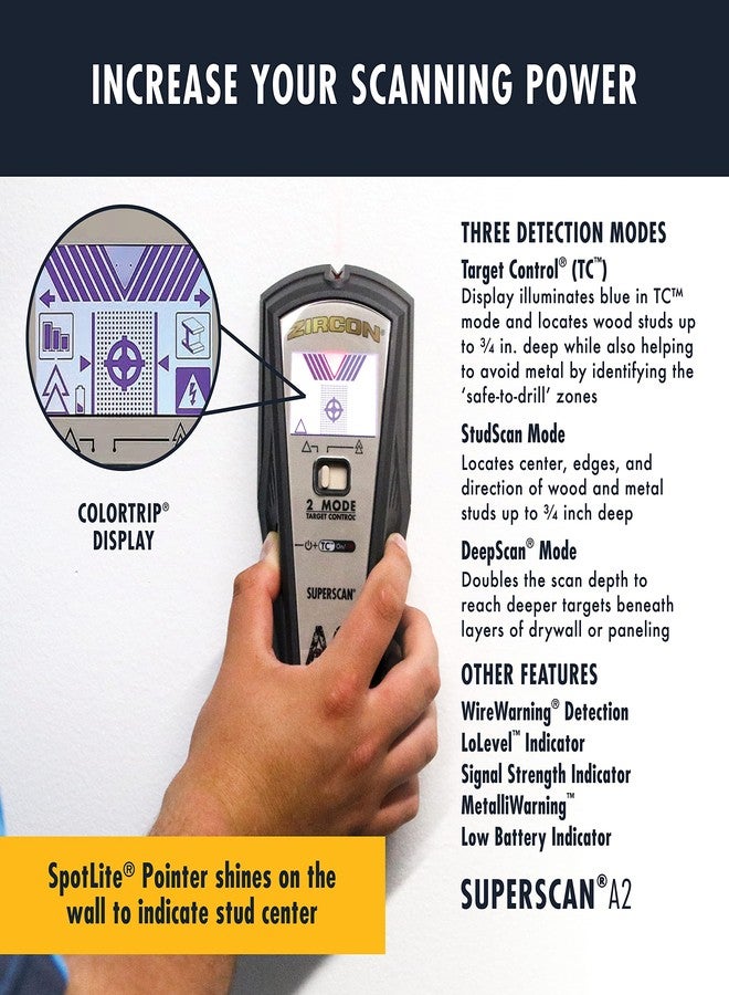 Zircon SuperScan A2 Advanced Stud Finder with 2 Mode Target Control, StudScan and DeepScan Mode - Image 3