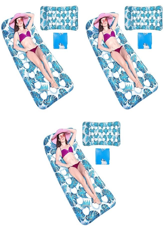 Proberos Premium PVC Pool Lounger for Adults 160cm Extra-Long Inflatable Floating Bed with Headrest Sun Shade Heavy-Duty Float Sunbathing Lake Beach Blue 3 PCS - Image 1