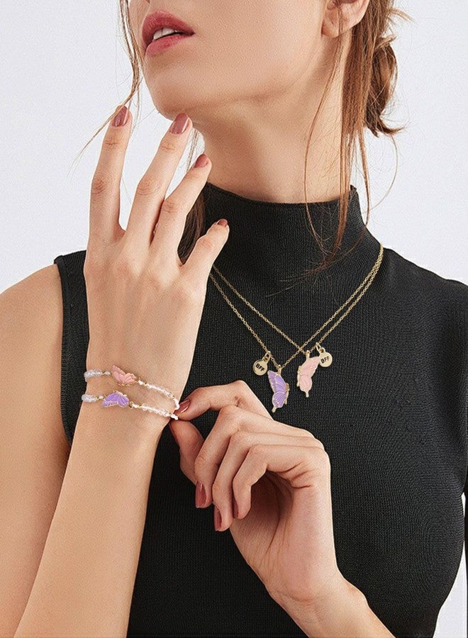MJartoria BFF Necklace and Bracelets for 2-Butterfly Friendship Necklace Bracelet Best Friend Necklace Matching Necklace Bracelets Gifts (Pink+Purple-Gold) - Image 3