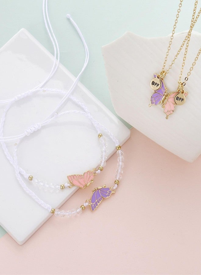 MJartoria BFF Necklace and Bracelets for 2-Butterfly Friendship Necklace Bracelet Best Friend Necklace Matching Necklace Bracelets Gifts (Pink+Purple-Gold) - Image 5