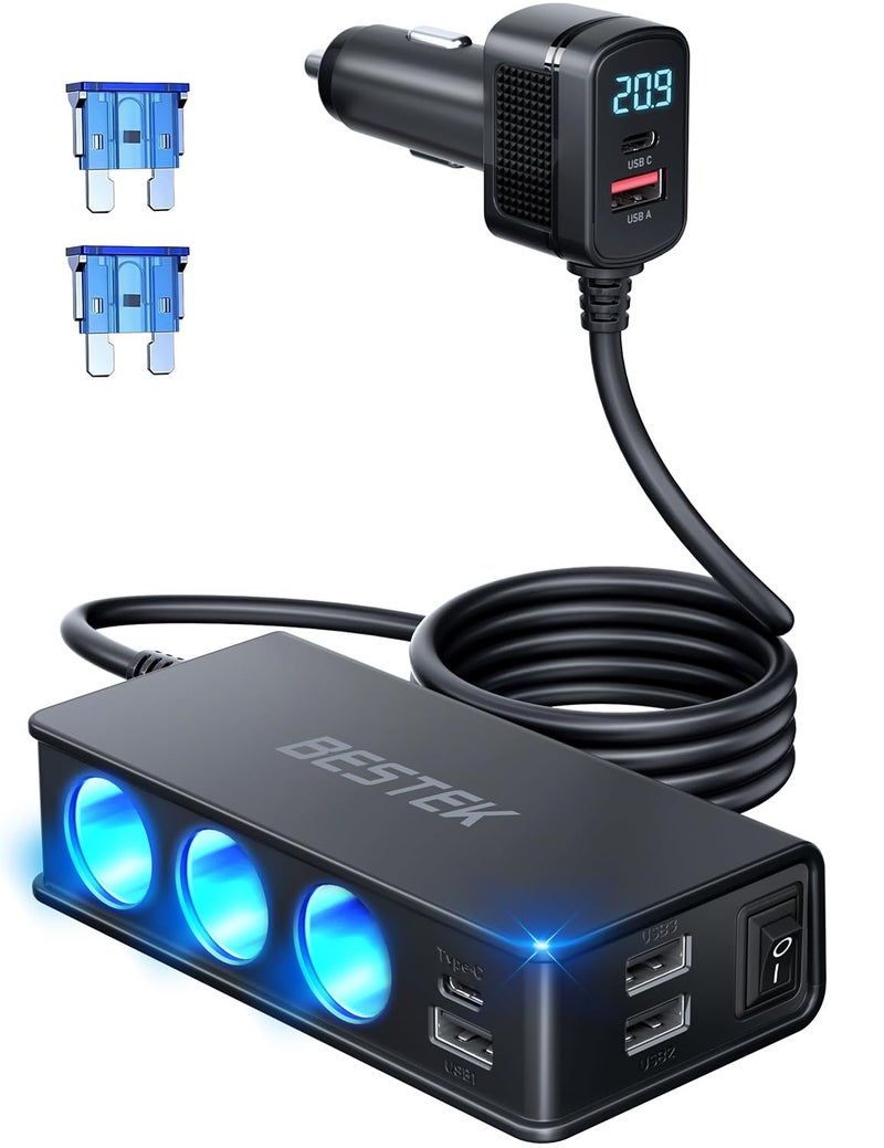 BESTEK 9 in 1 Cigarette Lighter Splitter 148W 3Socket Car Cigarette Lighter PD30W and 4 USBA QC30 18W with LED Display 12V24V Cigarette Lighter Adapter for Dash Cam GPS iPadLaptopPhone - Image 3