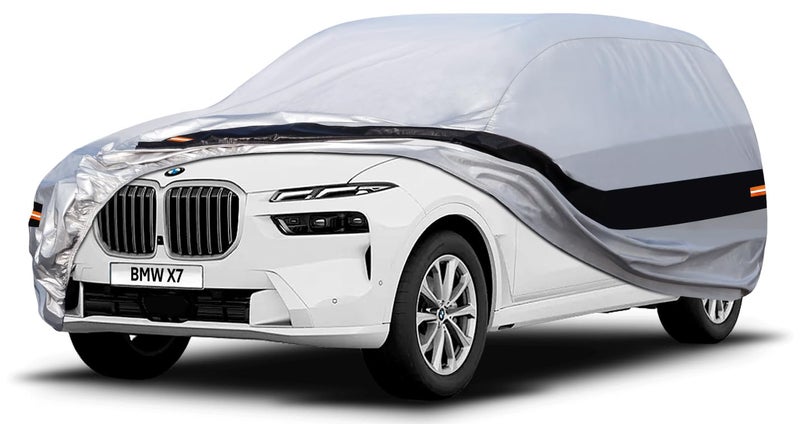 غطاء سيارة هولثلي 10 طبقات مخصص لسيارة SUV لبي إم دبليو X7 2018-2024 مقاوم للماء لجميع الأحوال الجوية للسيارات في الهواء الطلق غطاء كامل حماية من المطر والشمس والأشعة فوق البنفسجية فضي