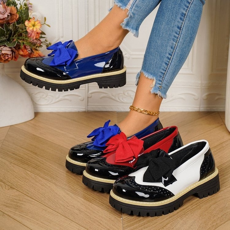 Glossy Color-Blocked Loafers 2026 Style British Style Casual Shoes With Bow Decoration - Image 2