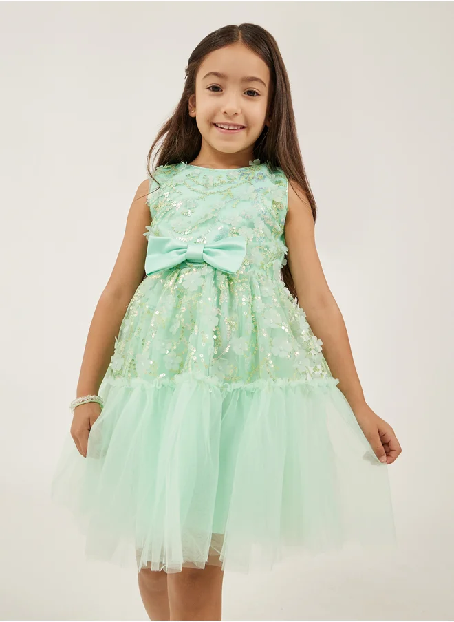 Styli Embellished Round Neck Fit and Flare Dress with Bow Detail