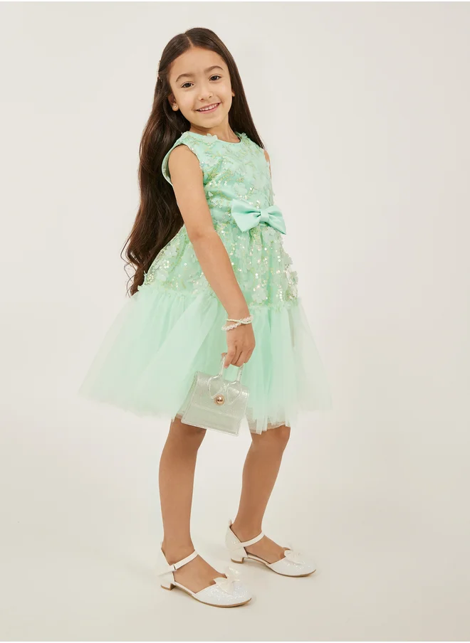 Styli Embellished Round Neck Fit and Flare Dress with Bow Detail
