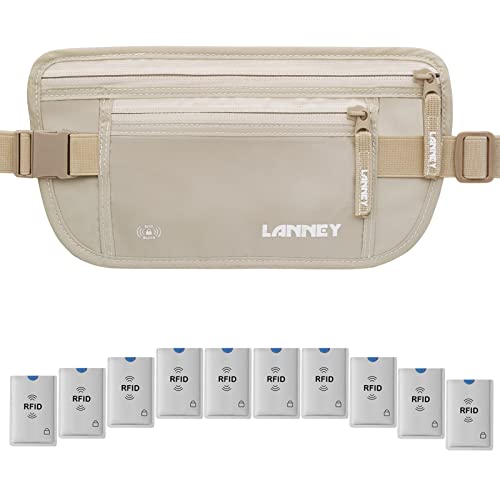 LANNEY Travel Money Belt for Men Women RFID Blocking Concealed Waist Wallet Pouch Hidden Under Clothes Passport Holder Antitheft Waist Stash Bag for Travelling, Bonus 10 Credit Card Sleeves, Cream - Image 1