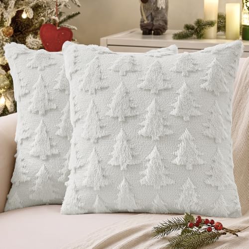 MIULEE Christmas Throw Pillow Covers Pure White Christmas Decorations Set of 2 Xmas Tree 20x20 Pillow Covers Soft Plush Faux Wool Pillowcases Holiday Festivals Winter Home Decor Sofa Couch Bed Porch - Image 1