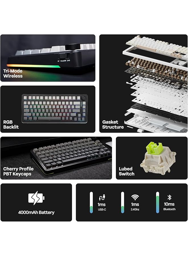 EPOMAKER Ea75 75% Rgb Gaming Mechanical Keyboard 2.4Ghz/Type C/Bt Creamy Wireless Keyboard With Knob Shine Through Pbt Keycaps Hot Swappable For Gamers (Black Gradient Graywood V3 Switch) - Image 3