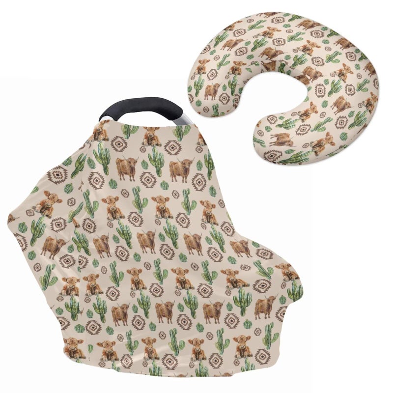 ZDCUSTOM Nursing Carseat Canopy Pillowcase Breastfeeding Cover for Infant Girl Boy Highland Cow Cactus Stretchy Car Seat Covers for Babies Shower Gifts - Image 2