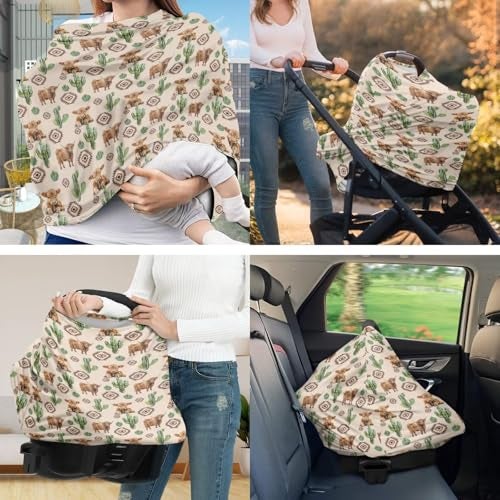 ZDCUSTOM Nursing Carseat Canopy Pillowcase Breastfeeding Cover for Infant Girl Boy Highland Cow Cactus Stretchy Car Seat Covers for Babies Shower Gifts - Image 3