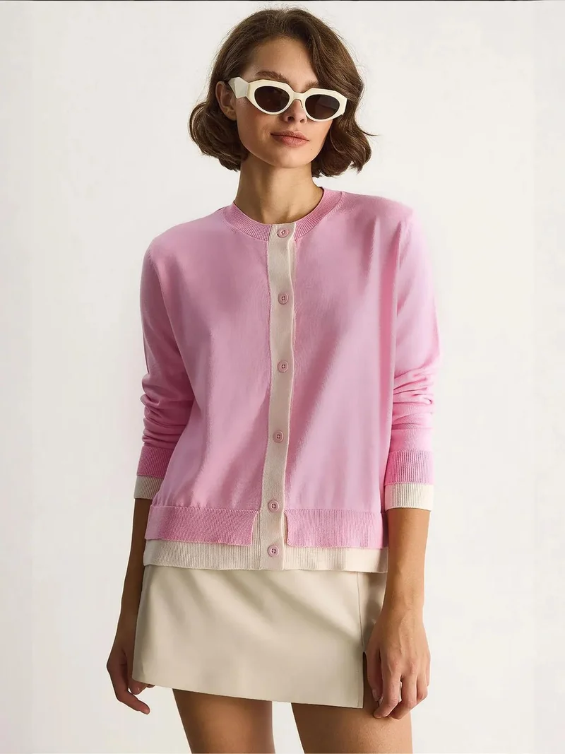 LUCCI Color Blocked Long Sleeve Button Cardigan