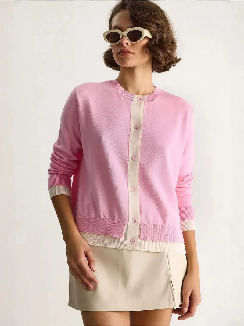Bianco Lucci Carnation Pink LUCCI Color Blocked Long Sleeve Button Cardigan for Women | Best Price UAE