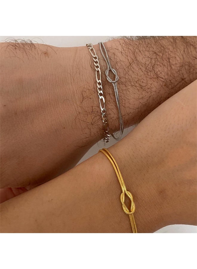 AuliceVerse Couples Bracelet Set, Matching His and Hers Stainless Steel Bracelets, Silver & Gold Snake Chain, Hand-Knotted Adjustable Valentines Gift for Boyfriend and Girlfriend - Image 3