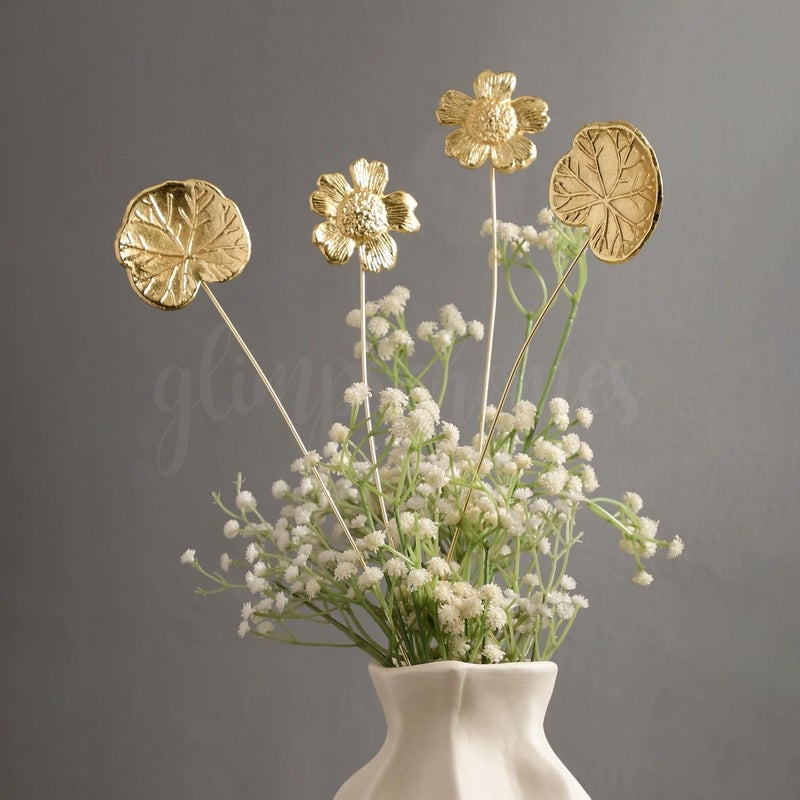 Glimpse Homes Glimpse Homes Golden Floral Metal Sticks 18 inch Vase Fillers 2 Flower Stick 2 Lotus Leaf Stick  - Image 1