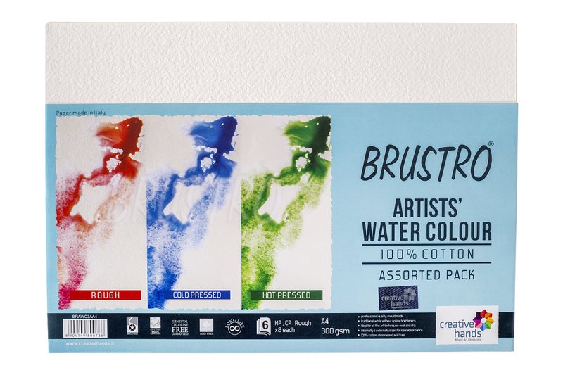 BRUSTRO Artists 100% Cotton Watercolour Paper,300 GSM,Size A4,Pack of 5+1 Free Sheet|Assorted Hot Press,Cold Press,Rough| Ideal for Watercolor,Acrylic,Gouache,Charcoal,Graphite,Ink & Other Mixed Media - Image 1