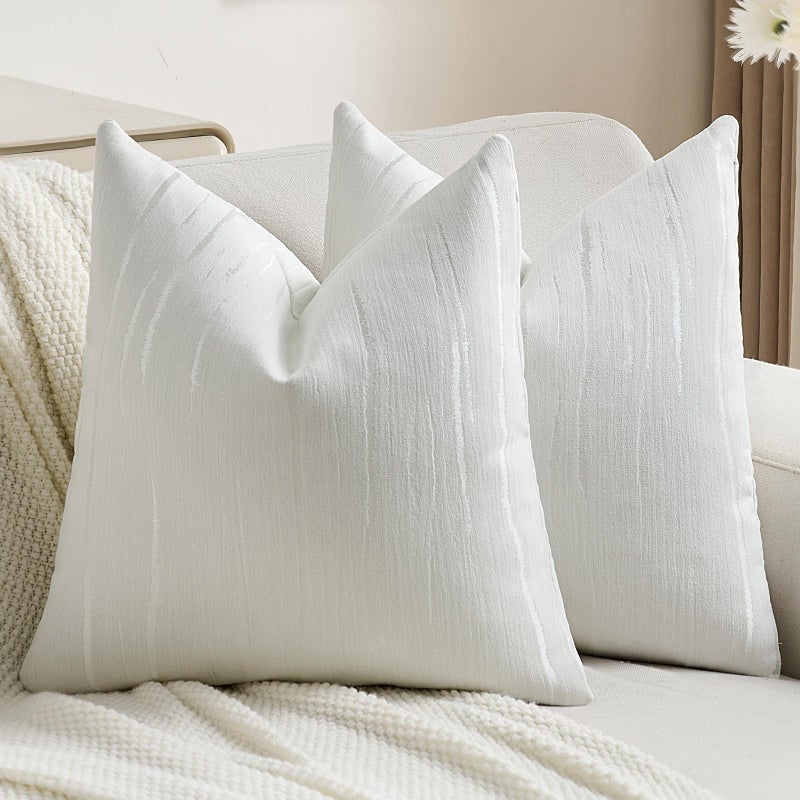 FUTEI White Chenille Decorative Throw Pillow Covers 18x18 Inch Set of 2,Soft Embossed Striped Textured Cushion Case,Modern Home Decor for Couch Bed Living Room - Image 1