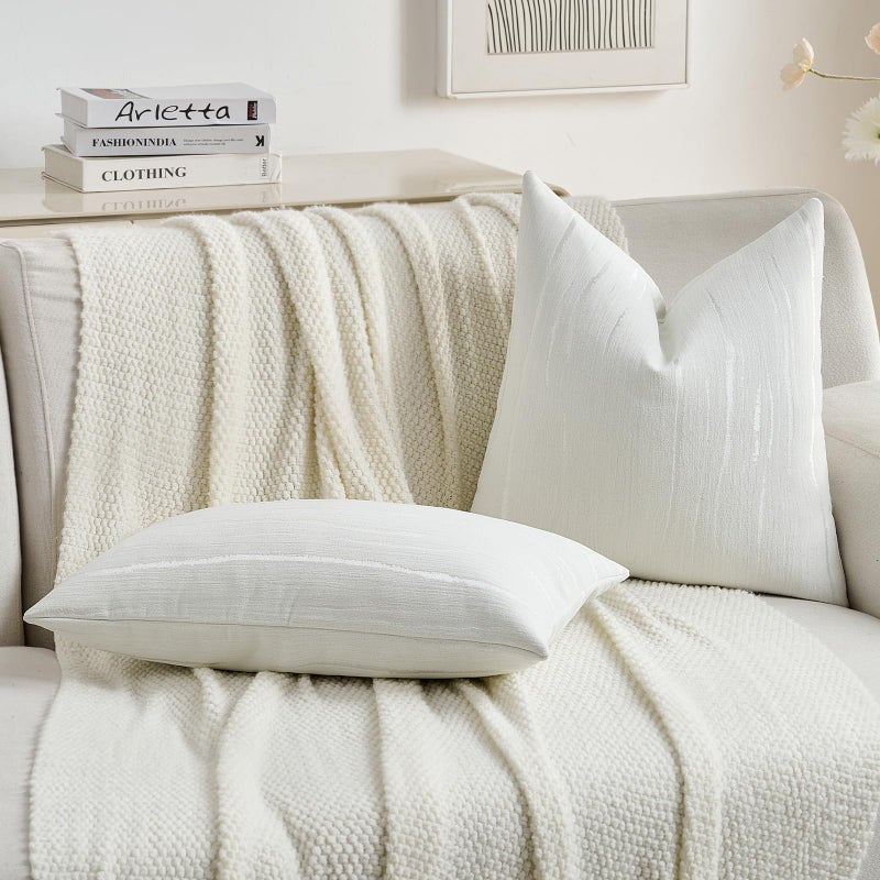 FUTEI White Chenille Decorative Throw Pillow Covers 18x18 Inch Set of 2,Soft Embossed Striped Textured Cushion Case,Modern Home Decor for Couch Bed Living Room - Image 5