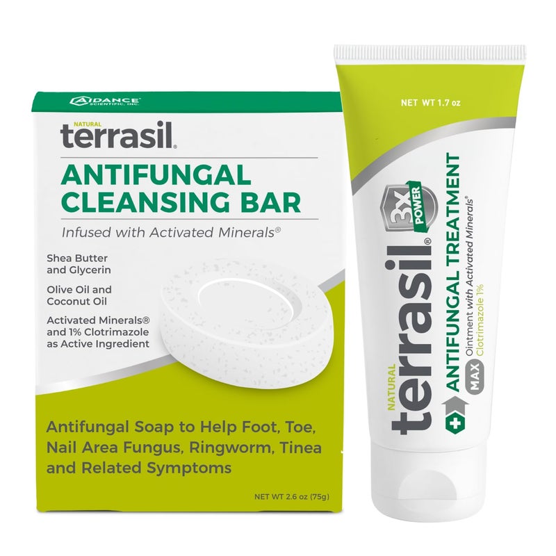 Terrasil كريم تيراسيل المضاد للفطريات وصابون مضاد للفطريات مجموعة 2 منتج مثبتة سريرياً كلوتريمازول علاج فعال لتخفيف حكة الرياضيين قدم الرياضي عدوى الفطريات عدوى الخميرة قوباء 50 جرام أنبوب 75 جرام بار