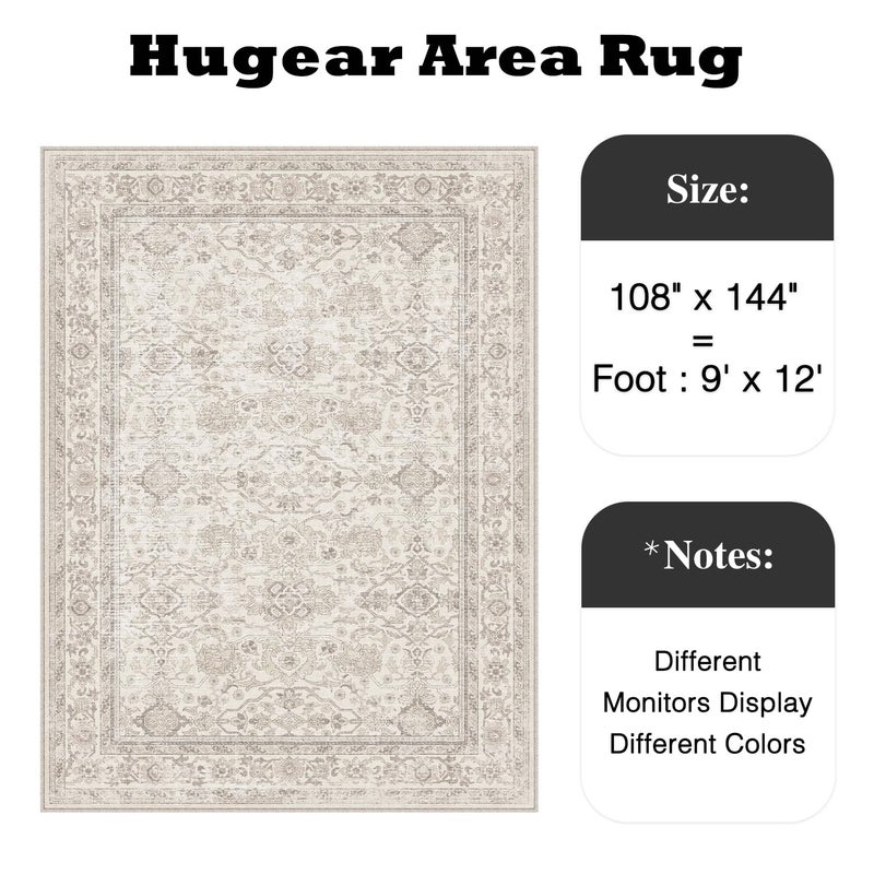 HUGEAR Area Rug 9x12 Retro Beige Machine Washable Living Room Rugs Distressed Vintage Floral Vacuumable Low Pile Carpet Bedroom Office Dining Room Laundry Room Non Slip Soft Lightweight - Image 2