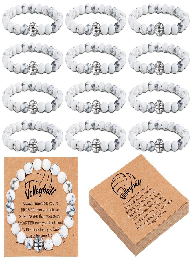 Ecation 12 Sets Sport Bracelets Lave Stone Beaded Elastic Stretch Bracelets with Inspirational Card Bulk Team for Football Volleyball Golf Baseball Basketball Soccer, Volleyball, lave stone, lave - Image 1
