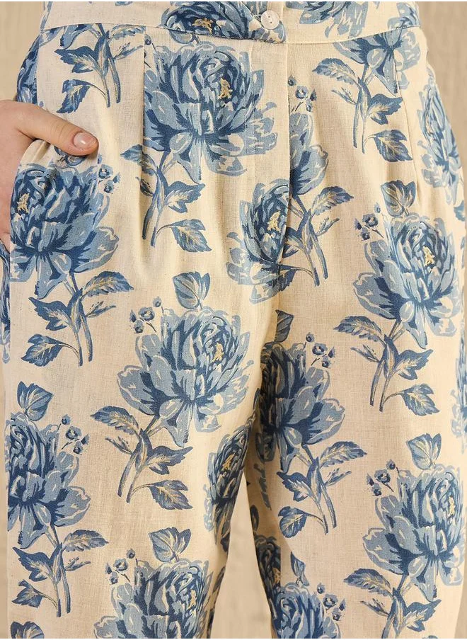 سانسكريتي هومز Floral Printed Pure Cotton Top and Pants Co-Ords by Styli