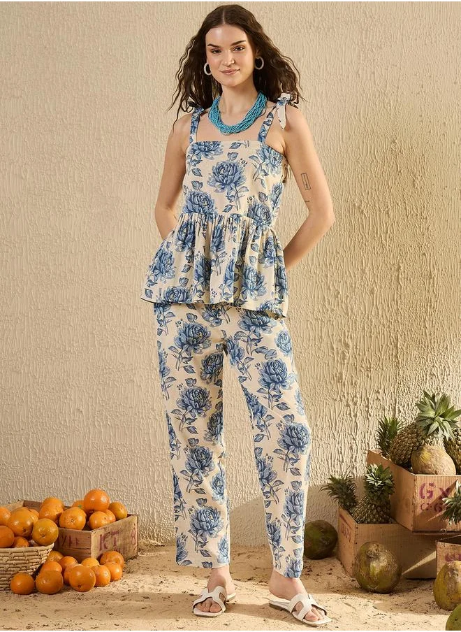 سانسكريتي هومز Floral Printed Pure Cotton Top and Pants Co-Ords by Styli