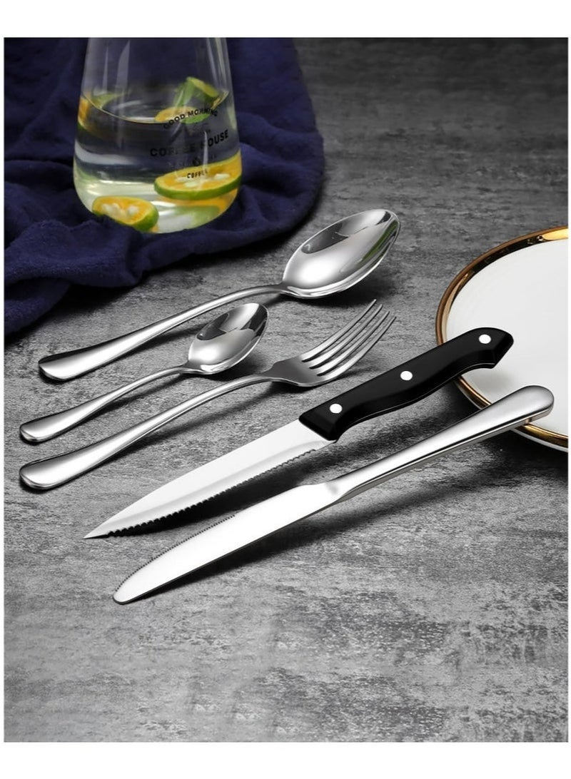 REZAKO 48 Pieces Silvery Stainless Steel Cutlery Set, Home Kitchen Tools, 8 Dinner Forks, 8 Salad Forks, 8 Dinner Knives, 8 Steak Knives, 8 Dinner Spoons, 8 Tea Spoons,Kitchen Tableware Sets, Utensil Sets for spoons and forks ,Home and Restaurant, Knives Forks Spoon, Dishwasher Safe - Image 2
