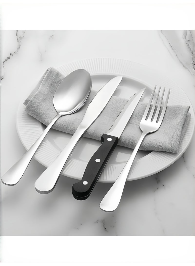REZAKO 48 Pieces Silvery Stainless Steel Cutlery Set, Home Kitchen Tools, 8 Dinner Forks, 8 Salad Forks, 8 Dinner Knives, 8 Steak Knives, 8 Dinner Spoons, 8 Tea Spoons,Kitchen Tableware Sets, Utensil Sets for spoons and forks ,Home and Restaurant, Knives Forks Spoon, Dishwasher Safe - Image 4