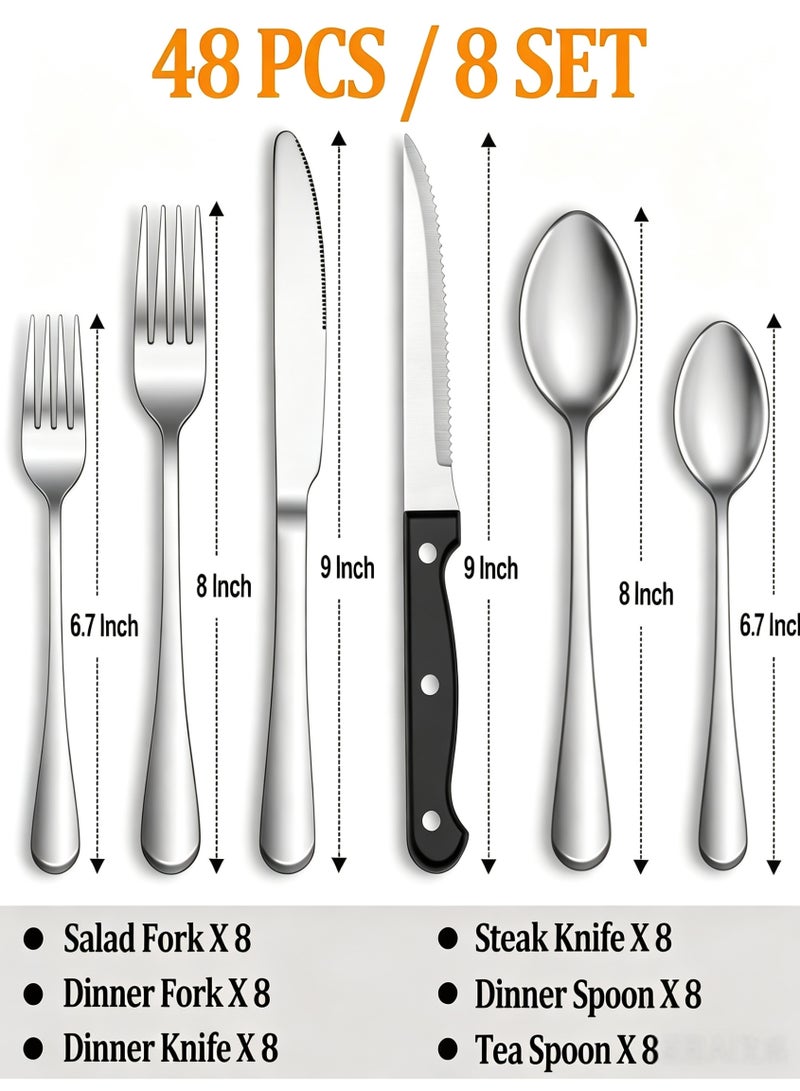 REZAKO 48 Pieces Silvery Stainless Steel Cutlery Set, Home Kitchen Tools, 8 Dinner Forks, 8 Salad Forks, 8 Dinner Knives, 8 Steak Knives, 8 Dinner Spoons, 8 Tea Spoons,Kitchen Tableware Sets, Utensil Sets for spoons and forks ,Home and Restaurant, Knives Forks Spoon, Dishwasher Safe - Image 5