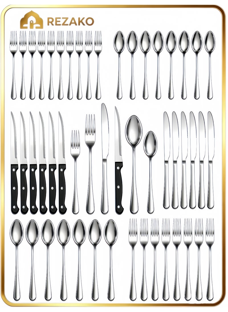 REZAKO 48 Pieces Silvery Stainless Steel Cutlery Set, Home Kitchen Tools, 8 Dinner Forks, 8 Salad Forks, 8 Dinner Knives, 8 Steak Knives, 8 Dinner Spoons, 8 Tea Spoons,Kitchen Tableware Sets, Utensil Sets for spoons and forks ,Home and Restaurant, Knives Forks Spoon, Dishwasher Safe - Image 1