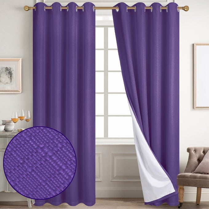 100 BLACKOUT CURTAINS PURPLE LINEN CURTAINS FOR BEDROOM GROMMET THERMAL INSULATED ROOM DARKENING DRAPES 2 PANELS W52 X L84 INCH