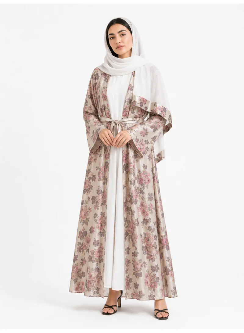 Reem Abayas Floral Print Shimmer Abaya with Inner Dress & Matching Sheila