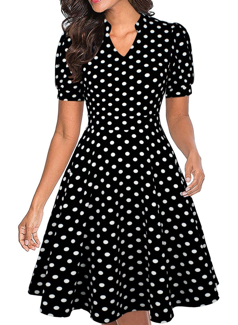 Mokayee Vintage Dress for Women Black Polka Dot Summer Short Sleeve V Neck Knee Length Church Aline Fit and Flare Swing Cocktail Modest Teacher Interview 1950s Office Work Kentucky Dresses with Pockets M - Image 1