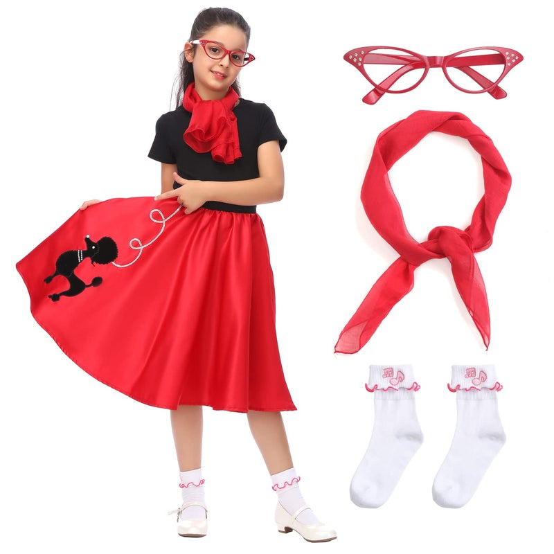 Leadtex 50s Poodle Skirt Sock Hop Costume Accessory Set for Girls with ScarfGlassesSocks - Image 3