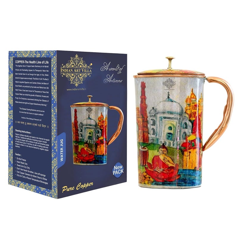 INDIAN ART VILLA INDIAN ART VILLA Copper Water Jug Rajasthani Theme Printed Ayurvedic Health Benefits Storage Serving Water 15 Litre - Image 1