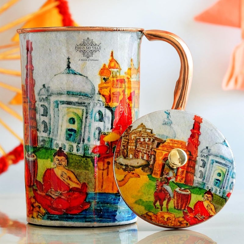 INDIAN ART VILLA INDIAN ART VILLA Copper Water Jug Rajasthani Theme Printed Ayurvedic Health Benefits Storage Serving Water 15 Litre - Image 4