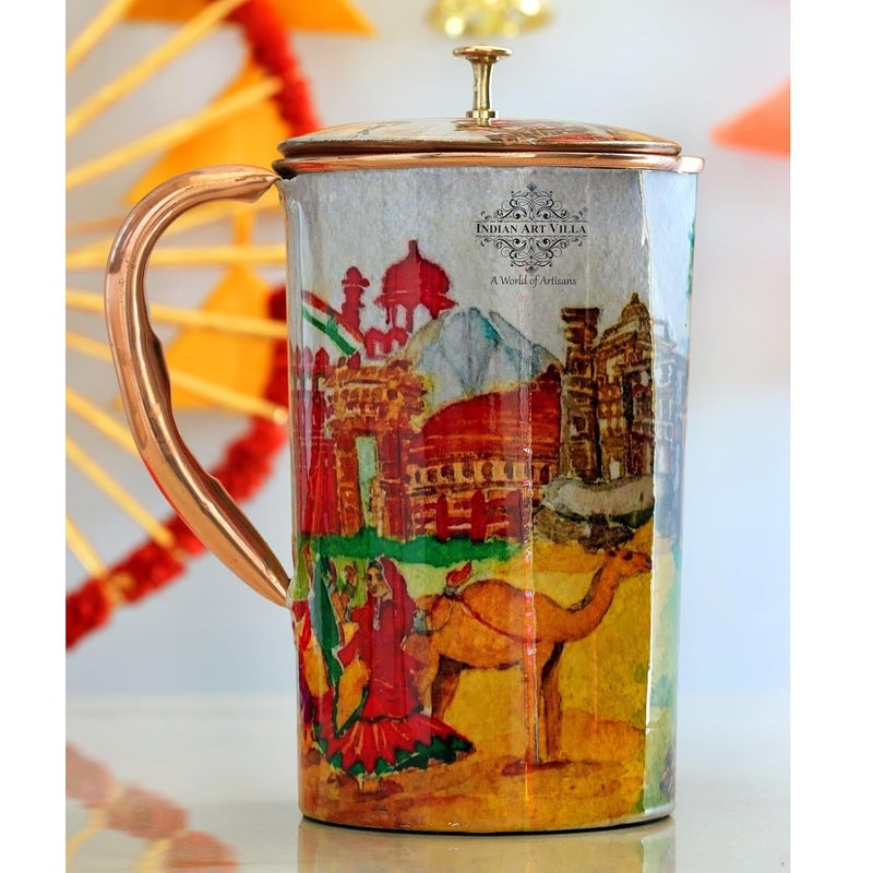 INDIAN ART VILLA INDIAN ART VILLA Copper Water Jug Rajasthani Theme Printed Ayurvedic Health Benefits Storage Serving Water 15 Litre - Image 3