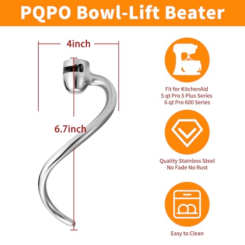 PQPO Stainless Steel Spiral Dough Hook Compatible with KitchenAid 6 Quart Bowl-Lift Stand Mixers,Heavy Duty Mixer Attachment, Dishwasher Safe,Efficient Kneading for Bread, Pizza, Pasta - Image 3