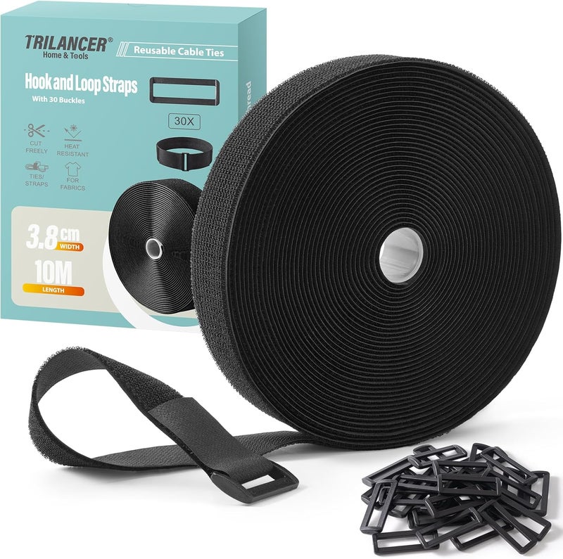Trilancer 3.8CM x 10M Heavy Duty Hook and Loop Straps with 30 Buckles – Adjustable, Cut-to-Length, Reusable Cinch Straps for Securing Cables, Hoses, Pipes, and More