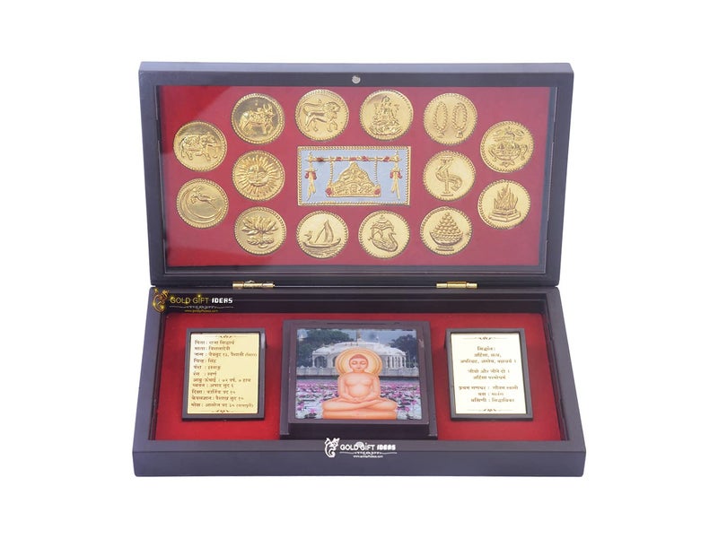 GoldGiftIdeas 24K Gold Plated Jain Mahavir Swami Photo Frame Box with Jain Religious Symbol, Decorative Return Gift, Jain Darshan Photo Frame for Home, Wooden Momento Gift - Image 1