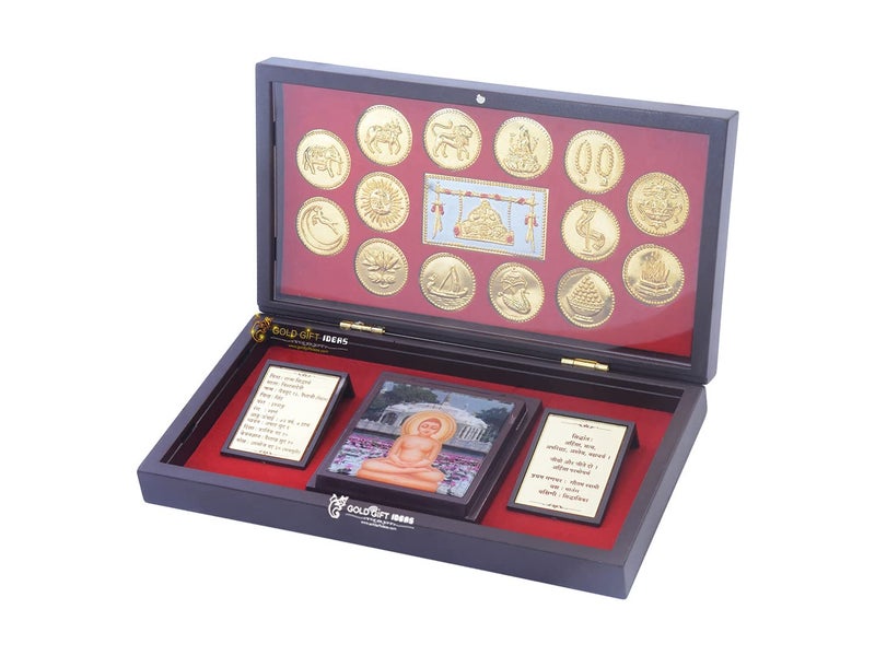 GoldGiftIdeas 24K Gold Plated Jain Mahavir Swami Photo Frame Box with Jain Religious Symbol, Decorative Return Gift, Jain Darshan Photo Frame for Home, Wooden Momento Gift - Image 2