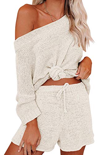 Ermonn Womens 2 Piece Outfits Sweater Sets Off Shoulder Knit Tops Waist Short Suits Casual Pajama Set Romper Jumpsuits Beige - Image 2
